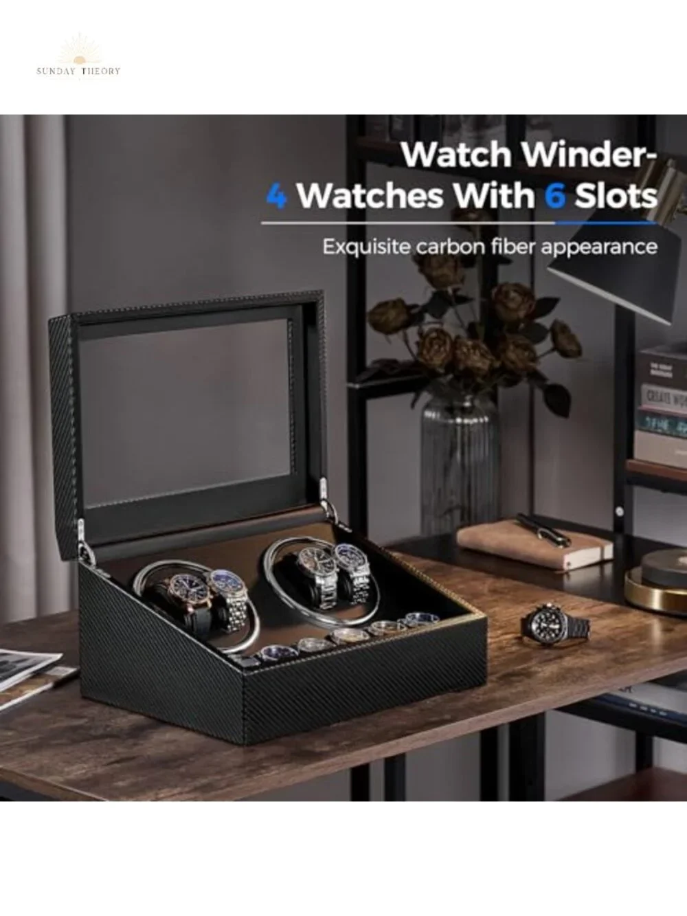 4+6 Watch Winder for Automatic Watches, Japanese Motor Ultra-Quiet, Carbon